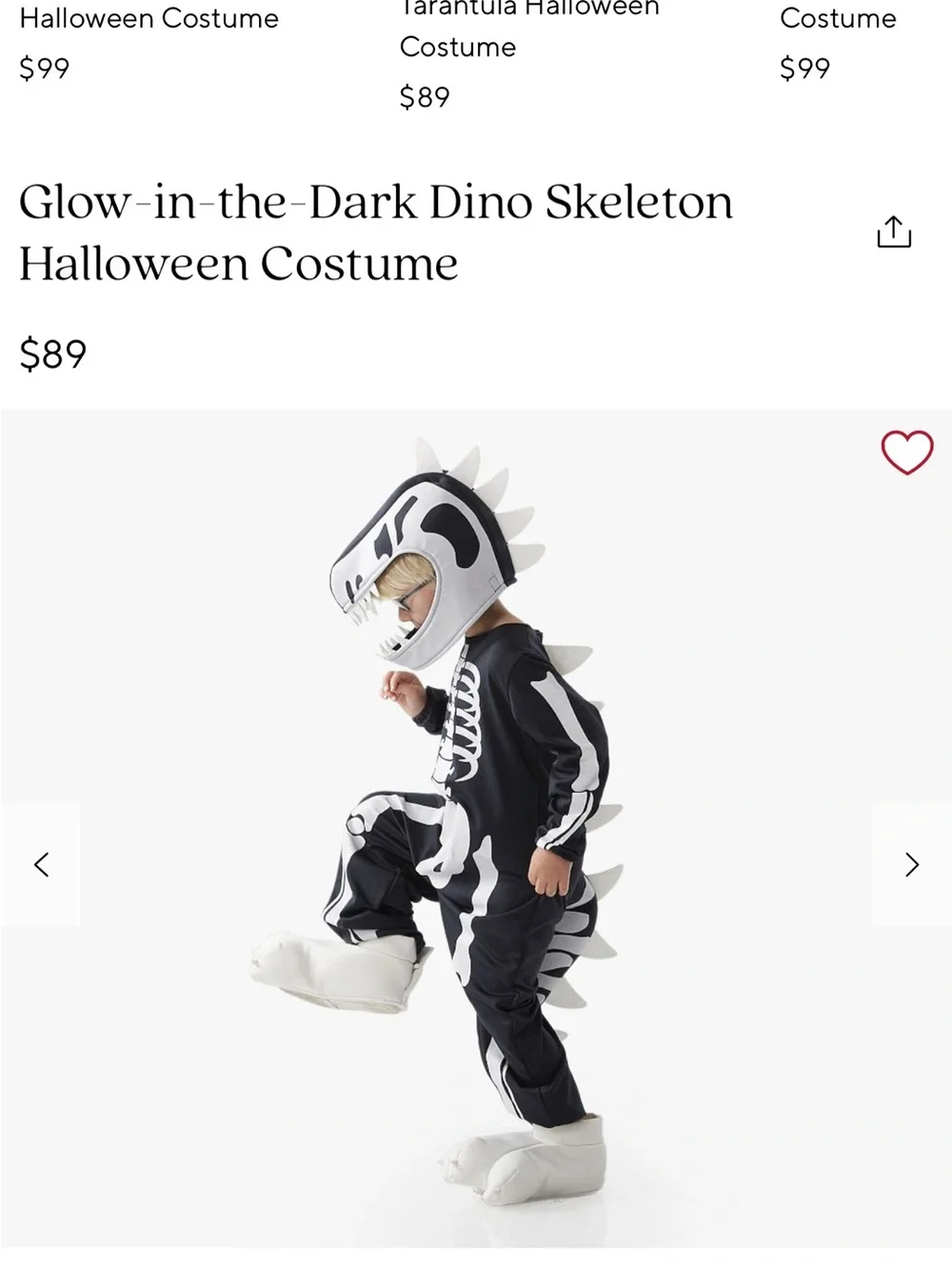 Glow-in-the-Dark pottery barn kids Dino Skeleton Kids Costume — Black & White